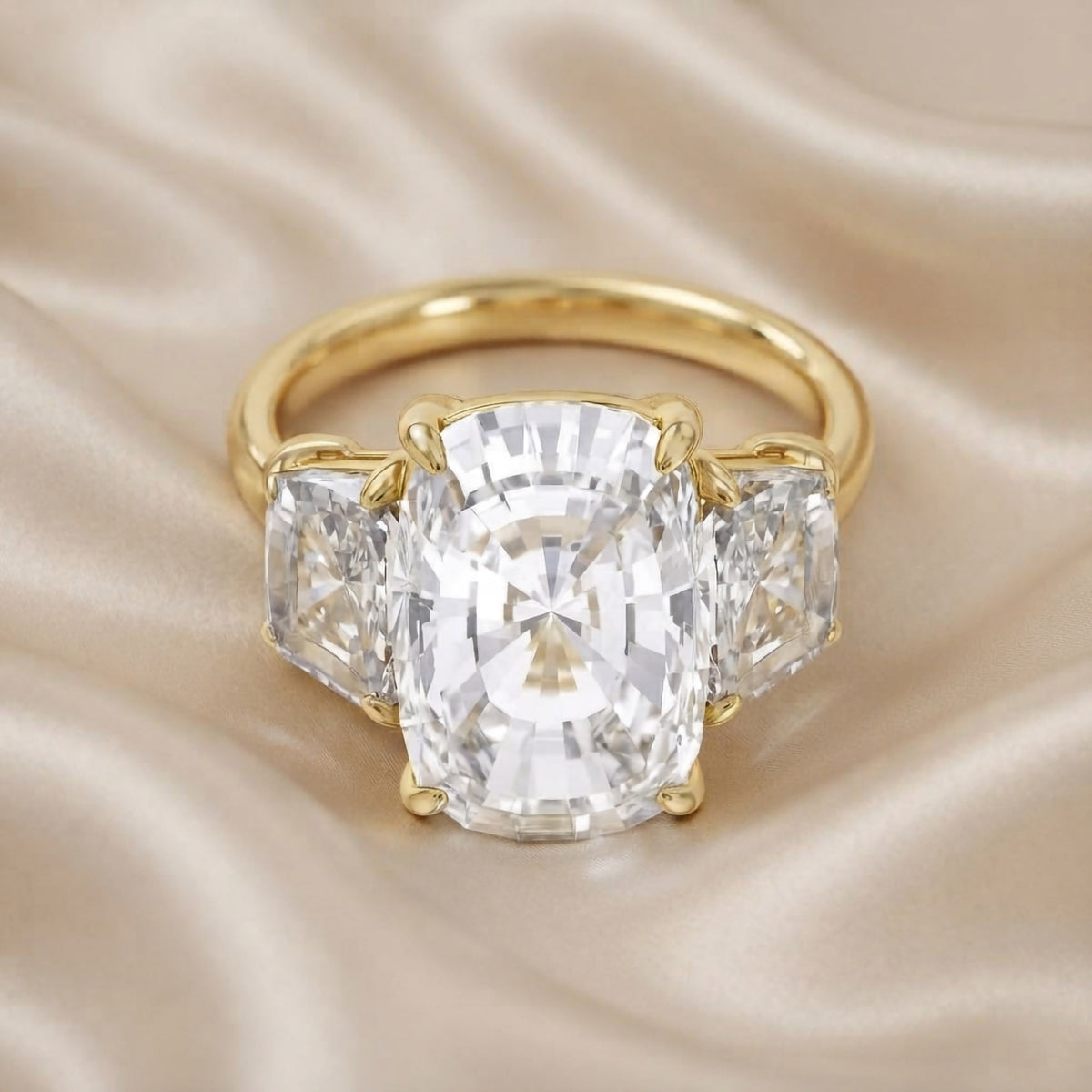 8.30 Carat Cushion and Trapezoid Cut Lab Grown Diamond 3-Stone Ring