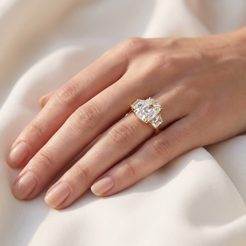 8.30 Carat Cushion and Trapezoid Cut Lab Grown Diamond 3-Stone Ring