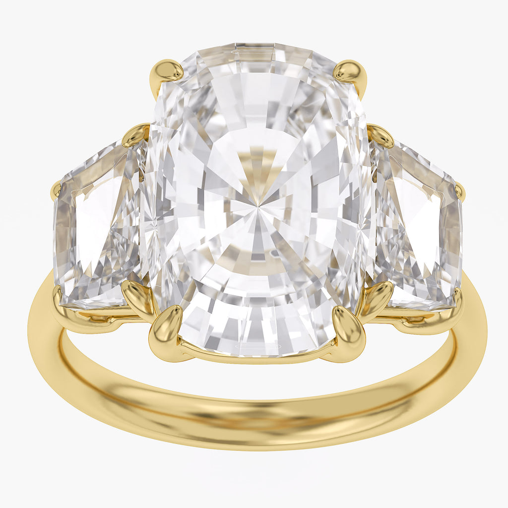 8.30 Carat Cushion and Trapezoid Cut Lab Grown Diamond 3-Stone Ring