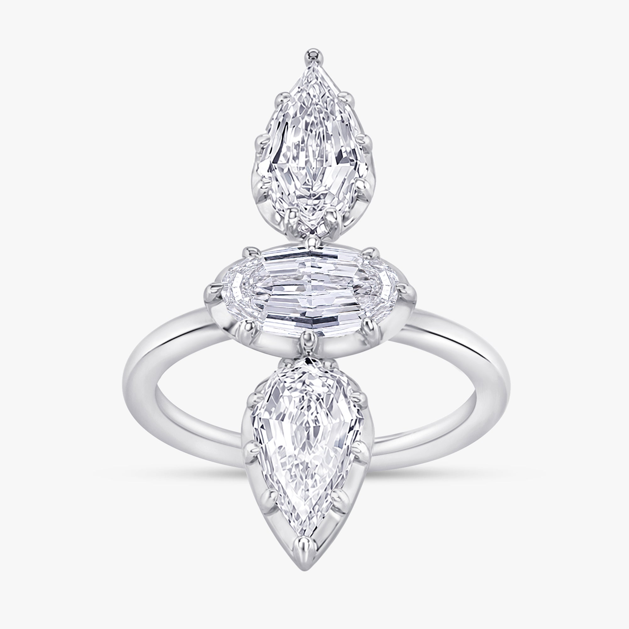 2.85 Carat Oval and Pear Shape Lab Grown Diamond 3-Stone Ring