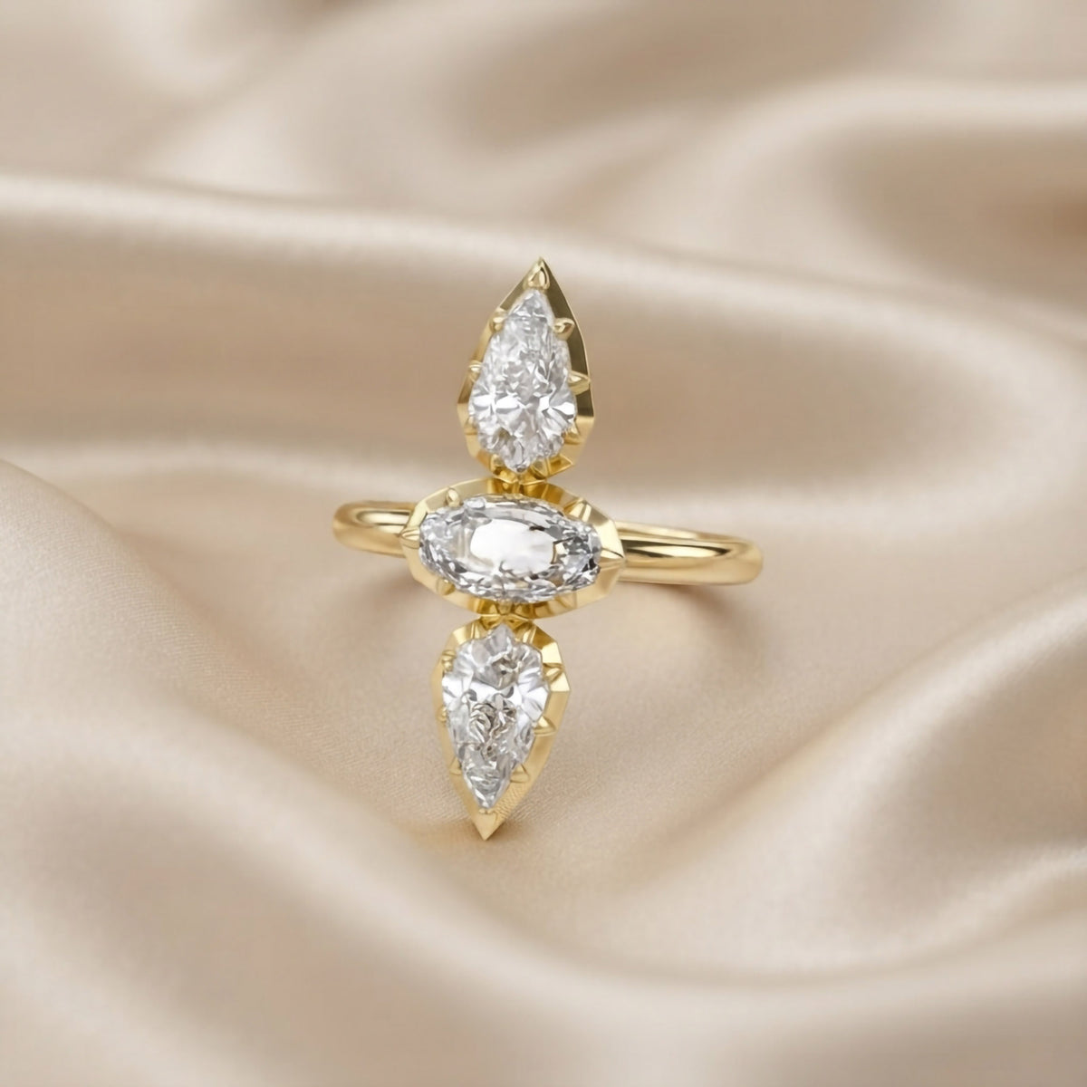 2.85 Carat Oval and Pear Shape Lab Grown 3 Stone Ring