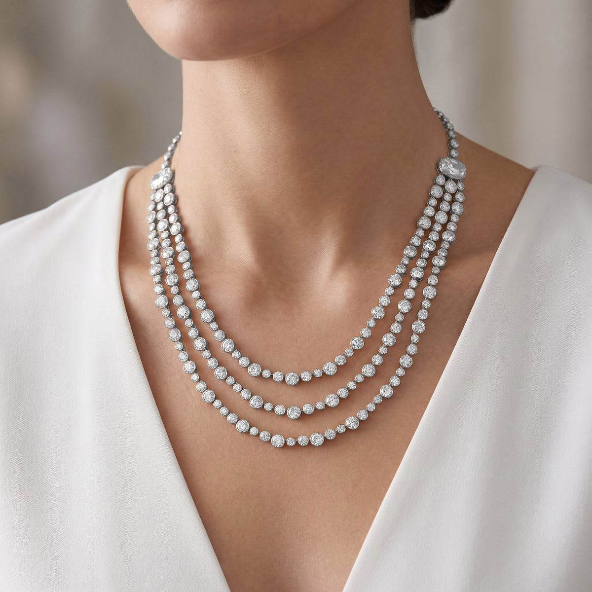 43.45 CTW Lab Grown Diamond Triple Row Tennis Necklace with Pear Drop