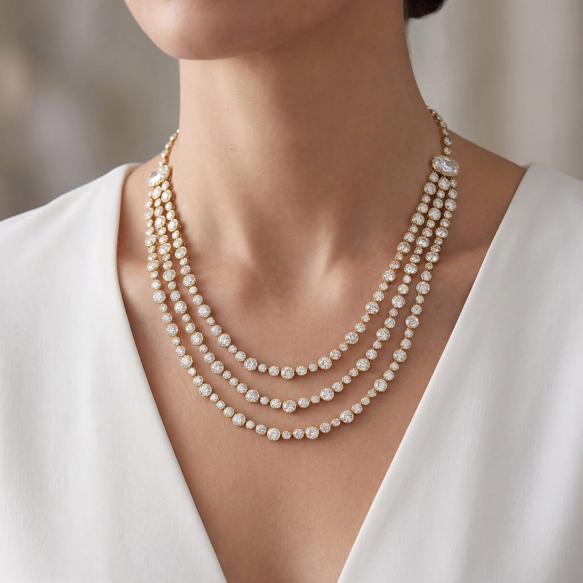 43.45 CTW Lab Grown Diamond Triple Row Tennis Necklace with Pear Drop