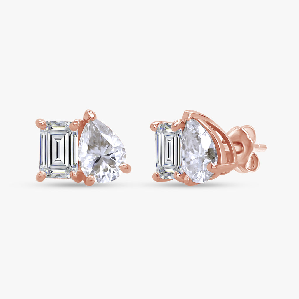 2.77 Carat Emerald and Pear Shape Lab Grown Diamond Toi et Moi Stud Earrings