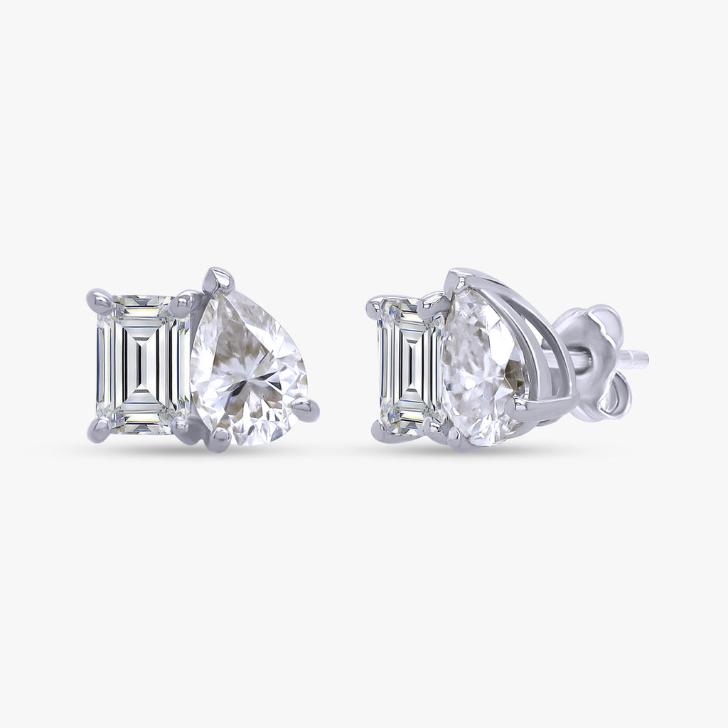 2.77 Carat Emerald and Pear Shape Lab Grown Diamond Toi et Moi Stud Earrings