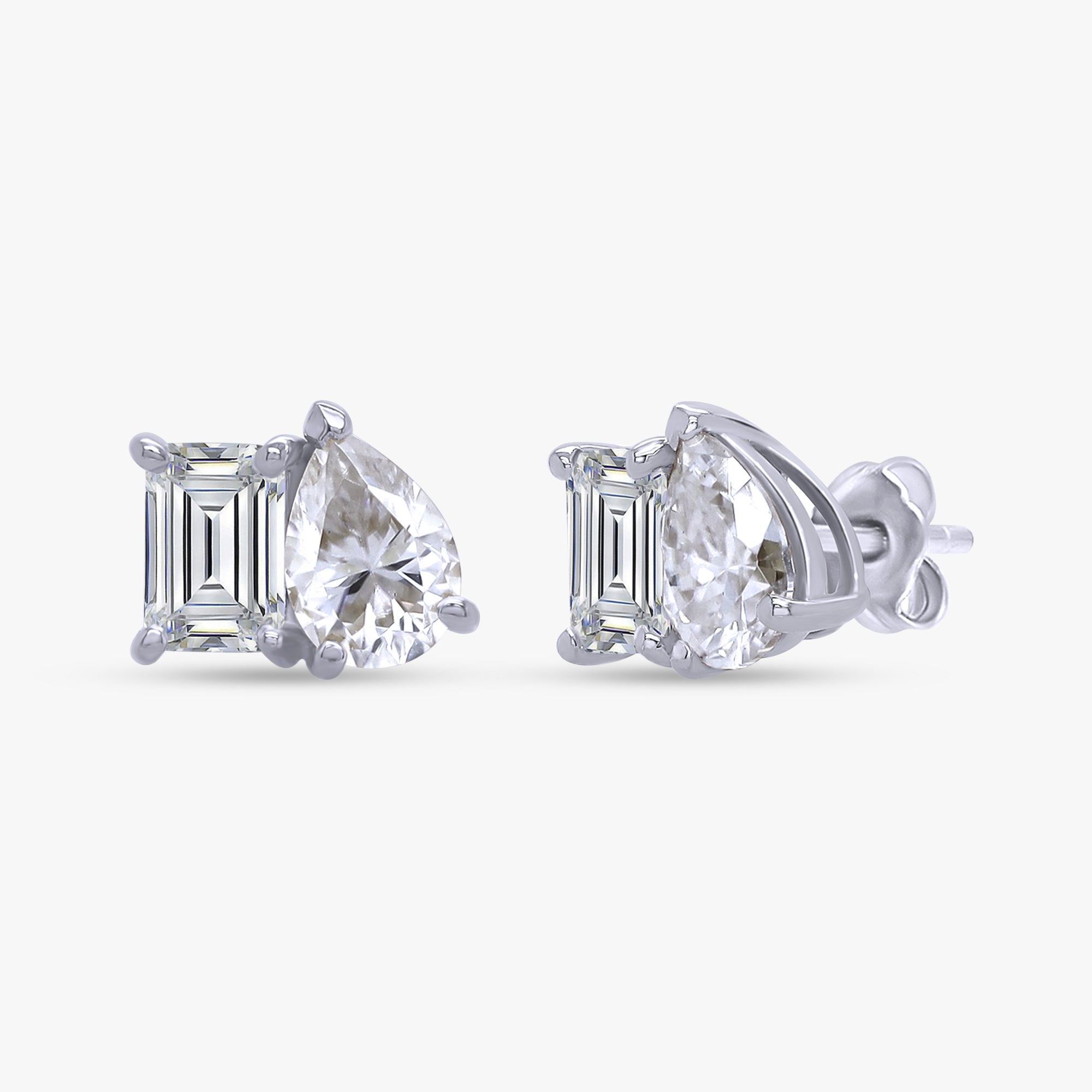 2.60 Carat Emerald and Pear Shape Lab Grown Diamond Toi et Moi Stud Earrings