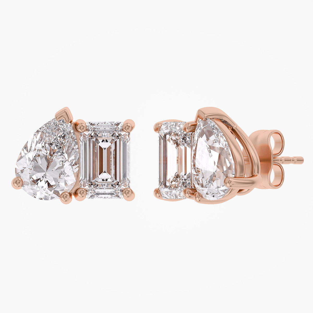 2.77 Carat Emerald and Pear Shape Lab Grown Diamond Toi et Moi Stud Earrings