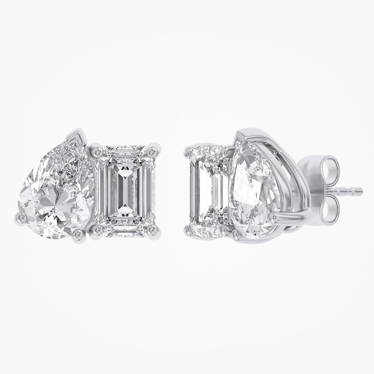 2.77 Carat Emerald and Pear Shape Lab Grown Diamond Toi et Moi Stud Earrings