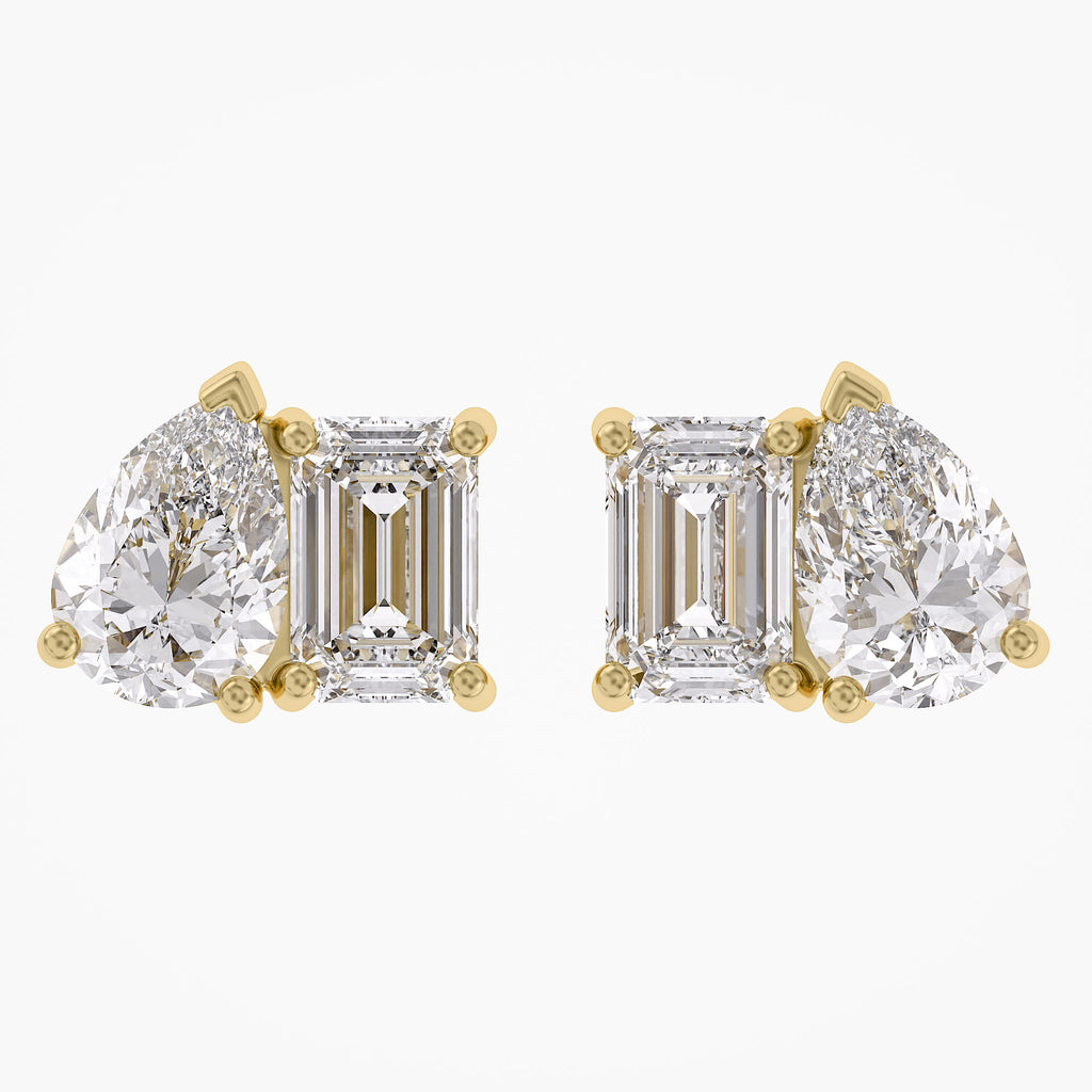2.77 Carat Emerald and Pear Shape Lab Grown Diamond Toi et Moi Stud Earrings