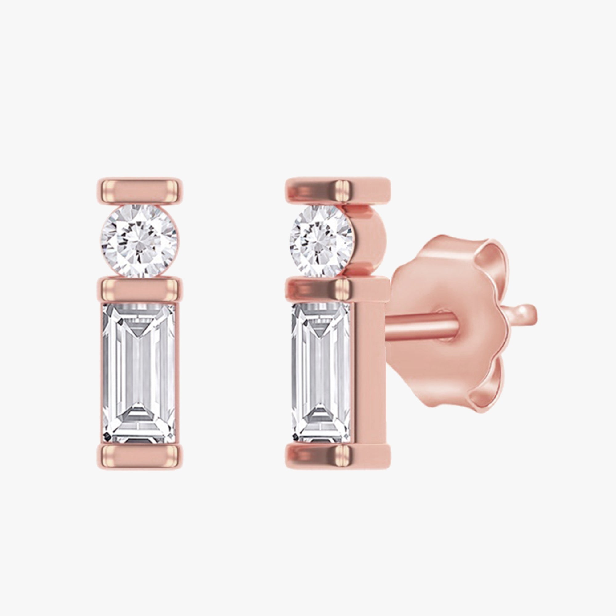 0.13 Carat Baguette and Round Cut Lab Grown Diamond Morse Code Earrings Alphabet Letter "A"