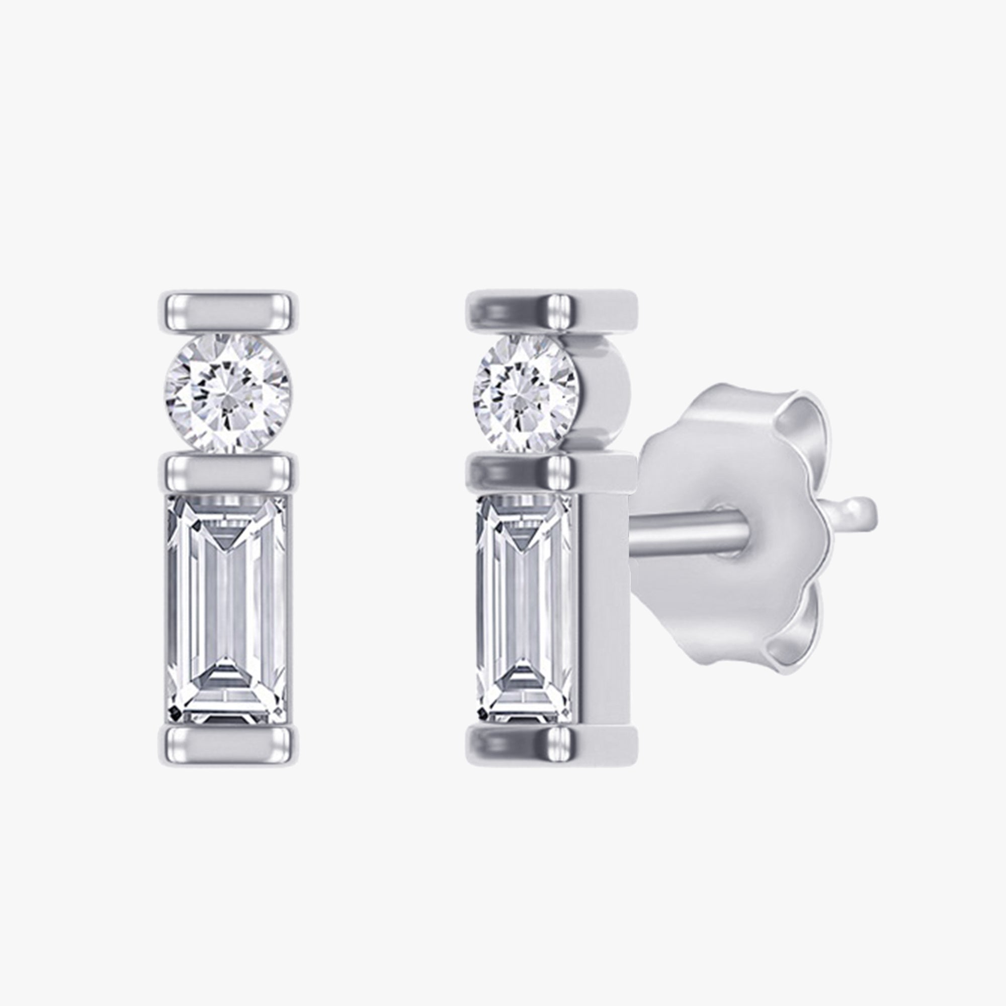 0.13 Carat Baguette and Round Cut Lab Grown Diamond Morse Code Earrings Alphabet Letter "A"