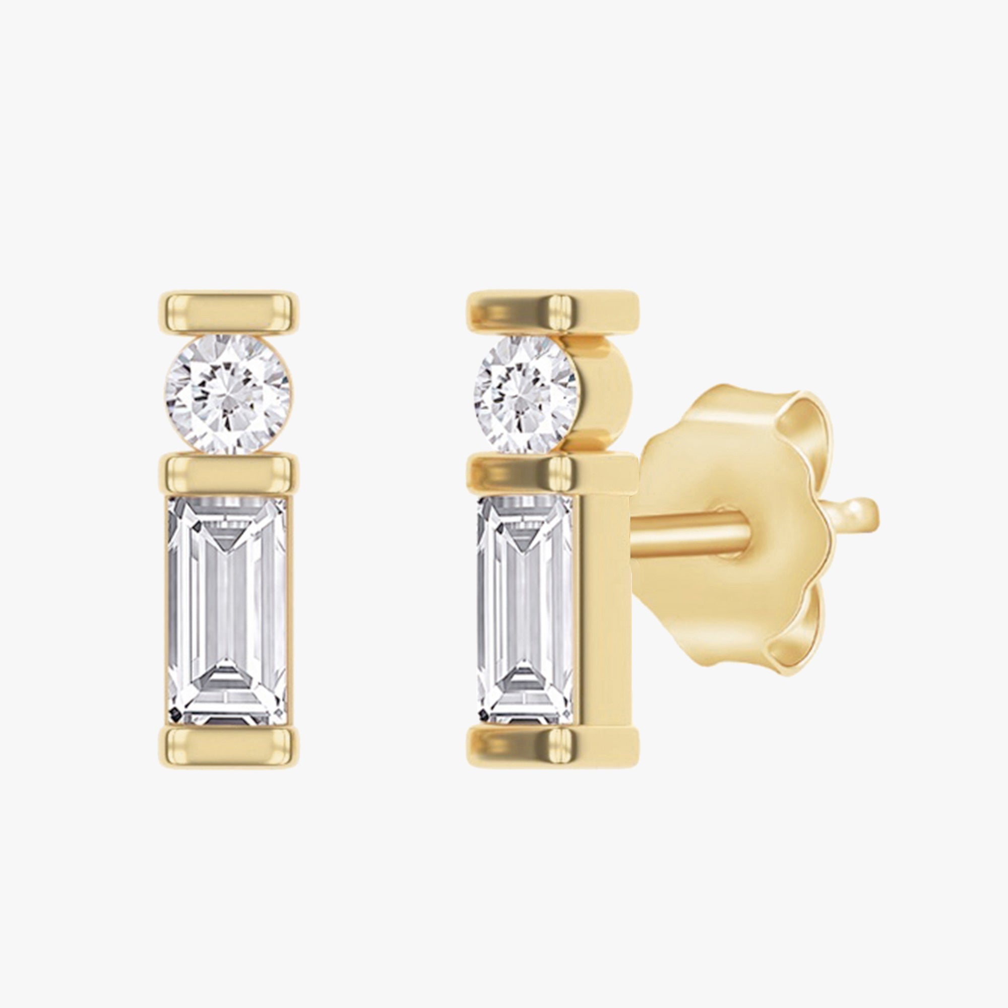 0.13 Carat Baguette and Round Cut Lab Grown Diamond Morse Code Earrings Alphabet Letter "A"