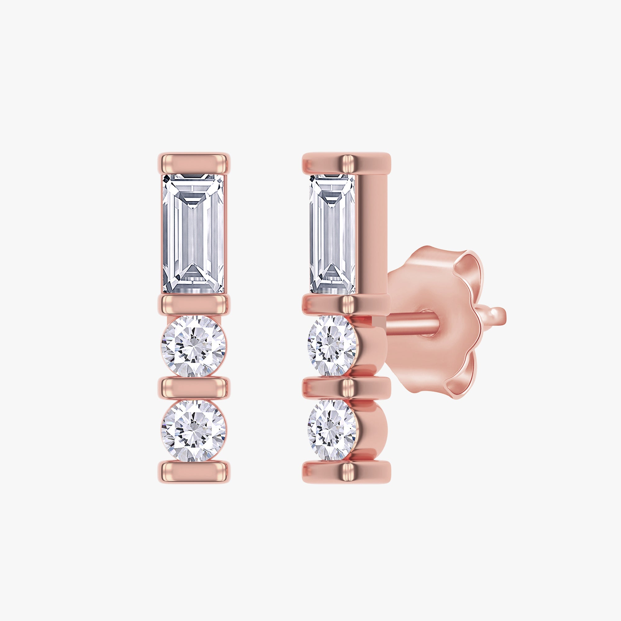 0.17 Carat Baguette and Round Cut Lab Grown Diamond Morse Code Stud Earrings Alphabet Letter "D"