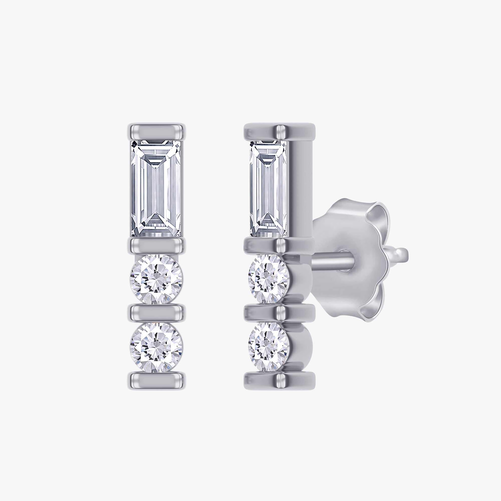 0.17 Carat Baguette and Round Cut Lab Grown Diamond Morse Code Stud Earrings Alphabet Letter "D"