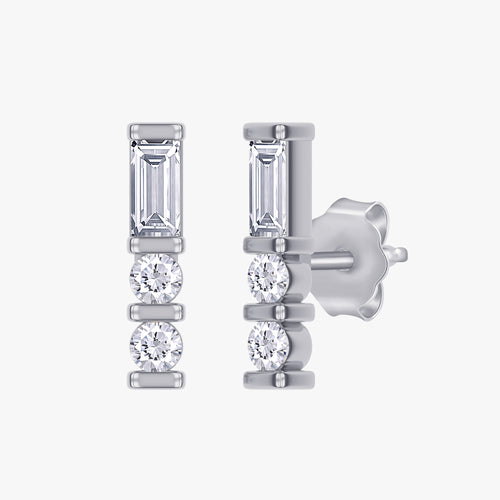 0.17 Carat Baguette and Round Cut Lab Grown Diamond Morse Code Stud Earrings Alphabet Letter "D"