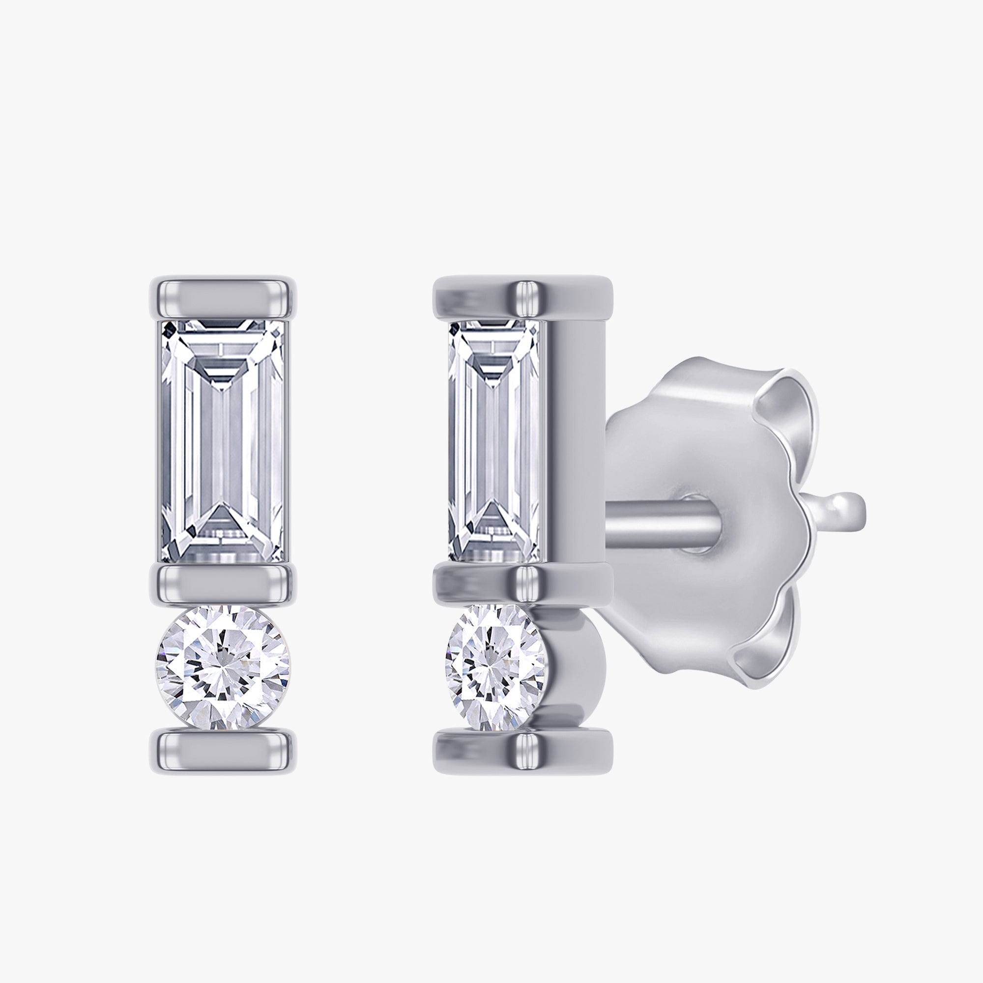0.13 Carat Baguette and Round Cut Lab Grown Diamond Two Stone Stud Morse Code earring  Alphabet Letter "N"