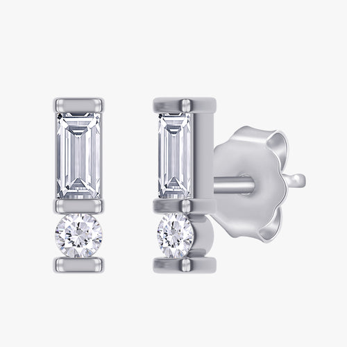 0.13 Carat Baguette and Round Cut Lab Grown Diamond Two Stone Stud Morse Code earring  Alphabet Letter "N"