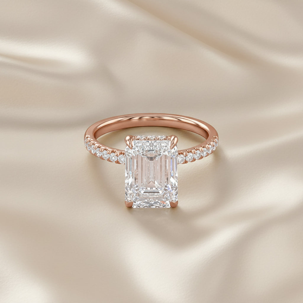 4.00 Carat Emerald and Round Cut Lab Grown Diamond Hidden Halo Solitaire Engagement Ring