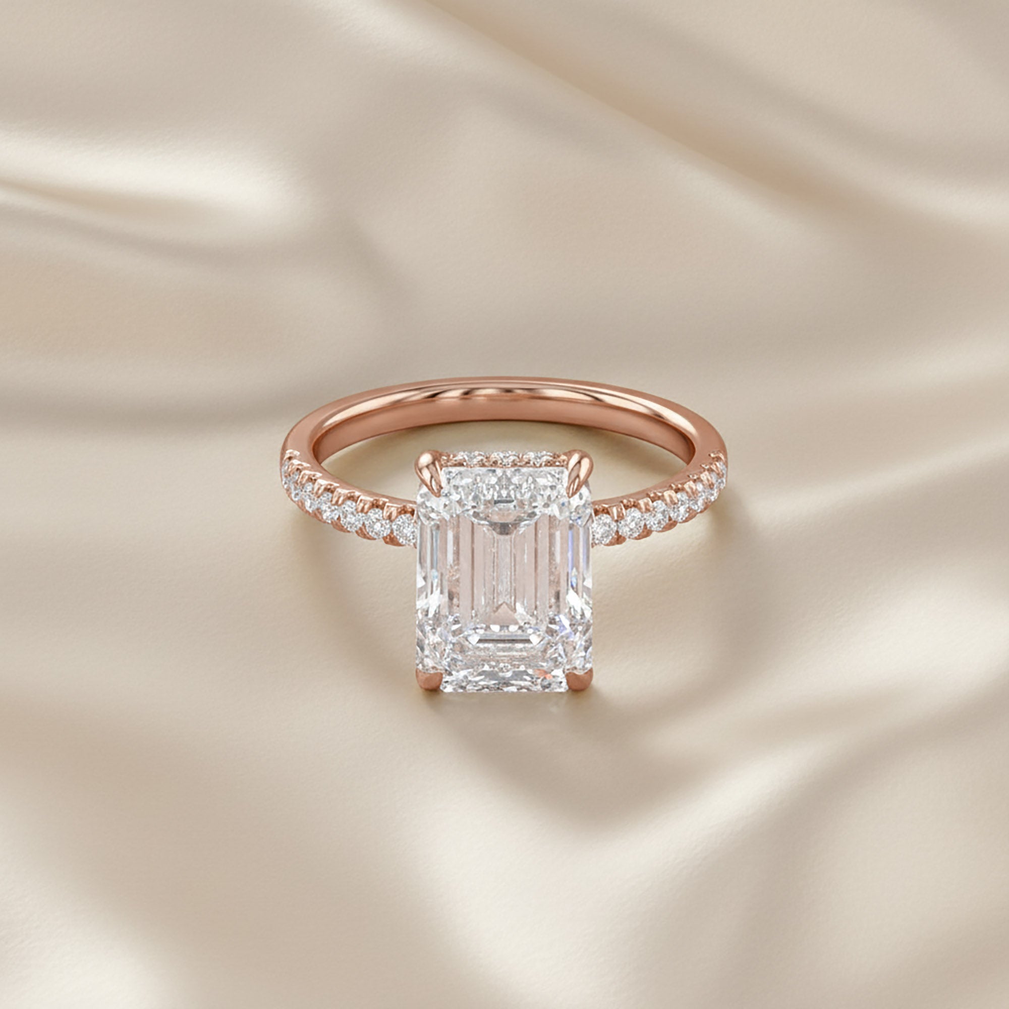4.00 Carat Emerald and Round Cut Lab Grown Diamond Hidden Halo Solitaire Engagement Ring