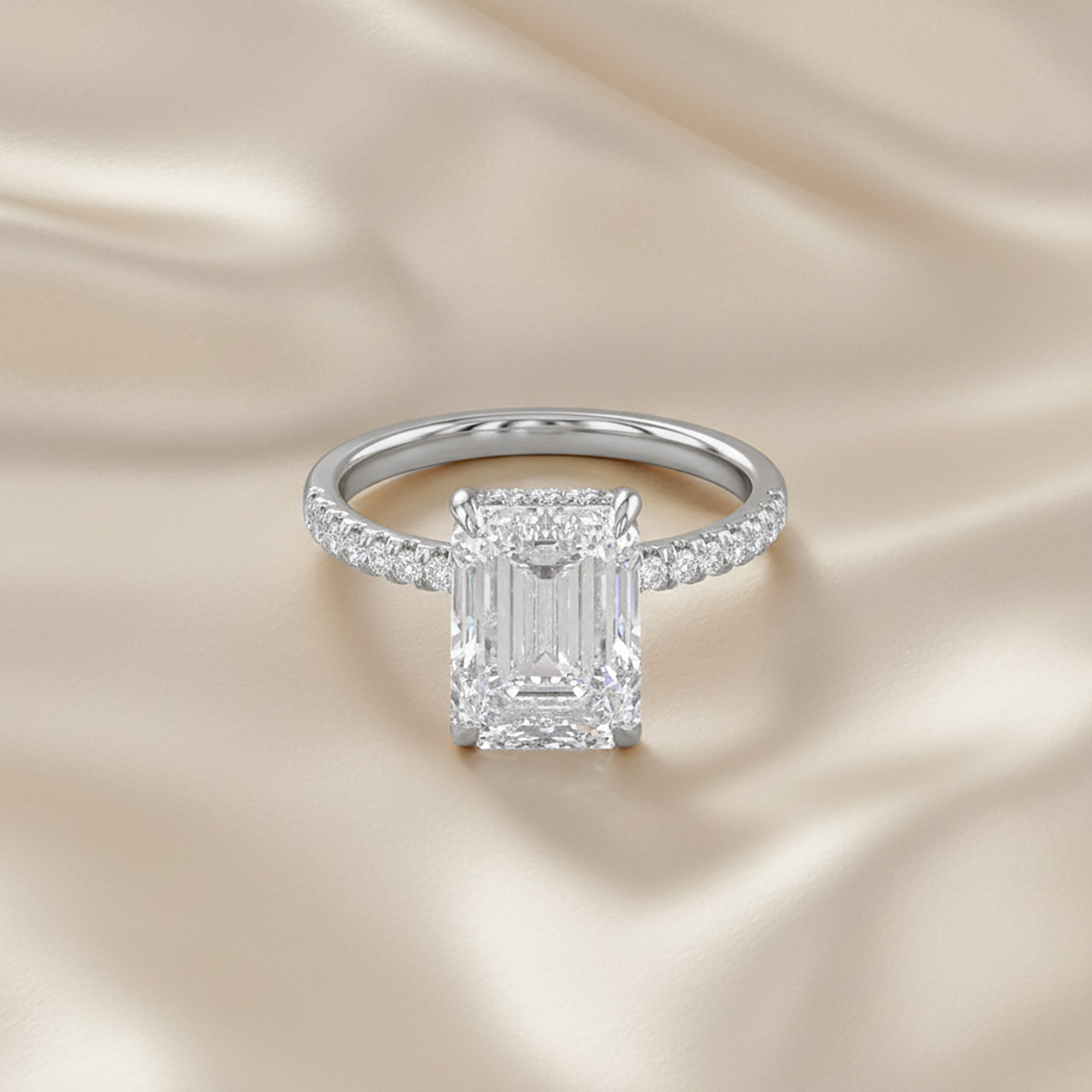 4.00 Carat Emerald and Round Cut Lab Grown Diamond Hidden Halo Solitaire Engagement Ring