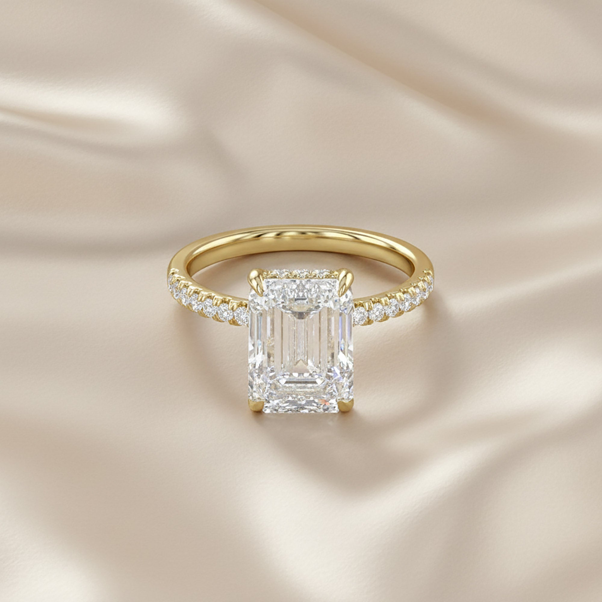 4.00 Carat Emerald and Round Cut Lab Grown Diamond Hidden Halo Solitaire Engagement Ring