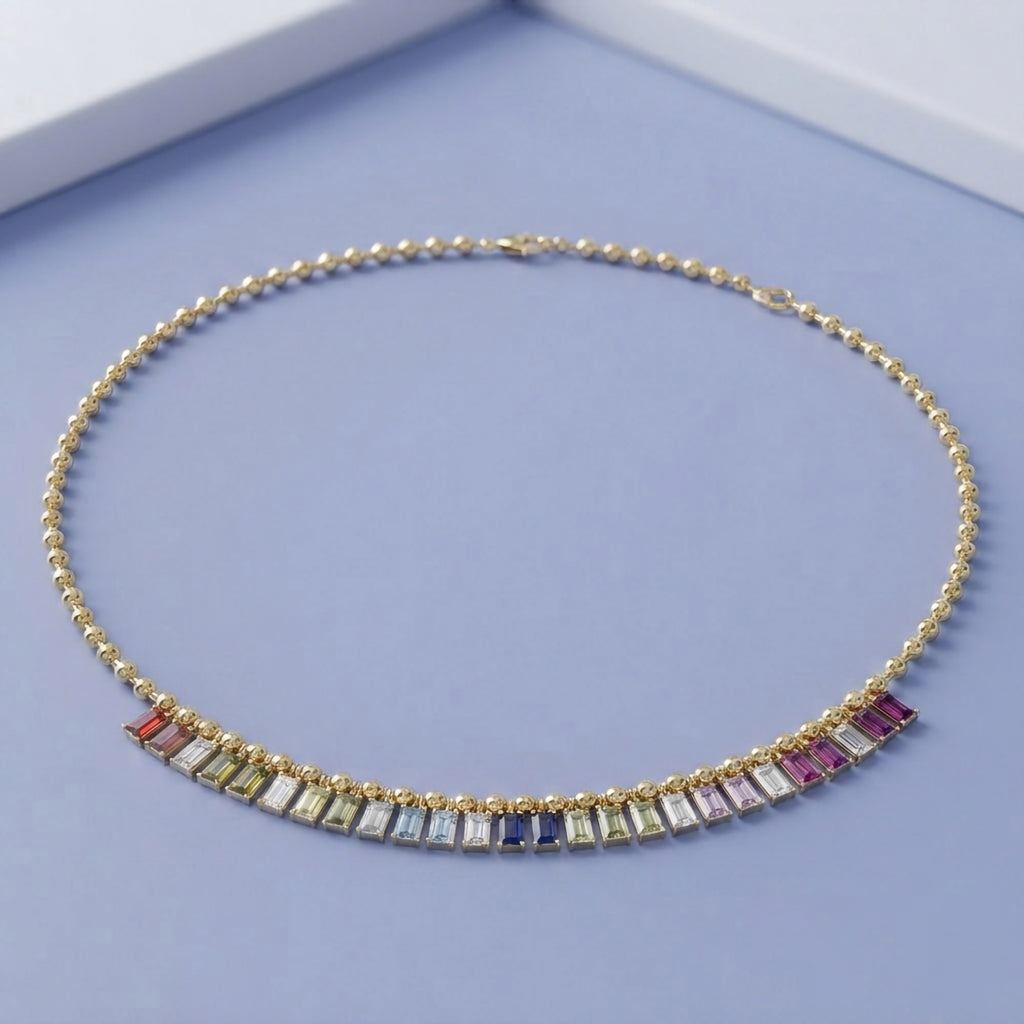 7.90 Carat Multicolor Lab Grown Gemstone and Lab Grown Diamond Rainbow Bead Necklace