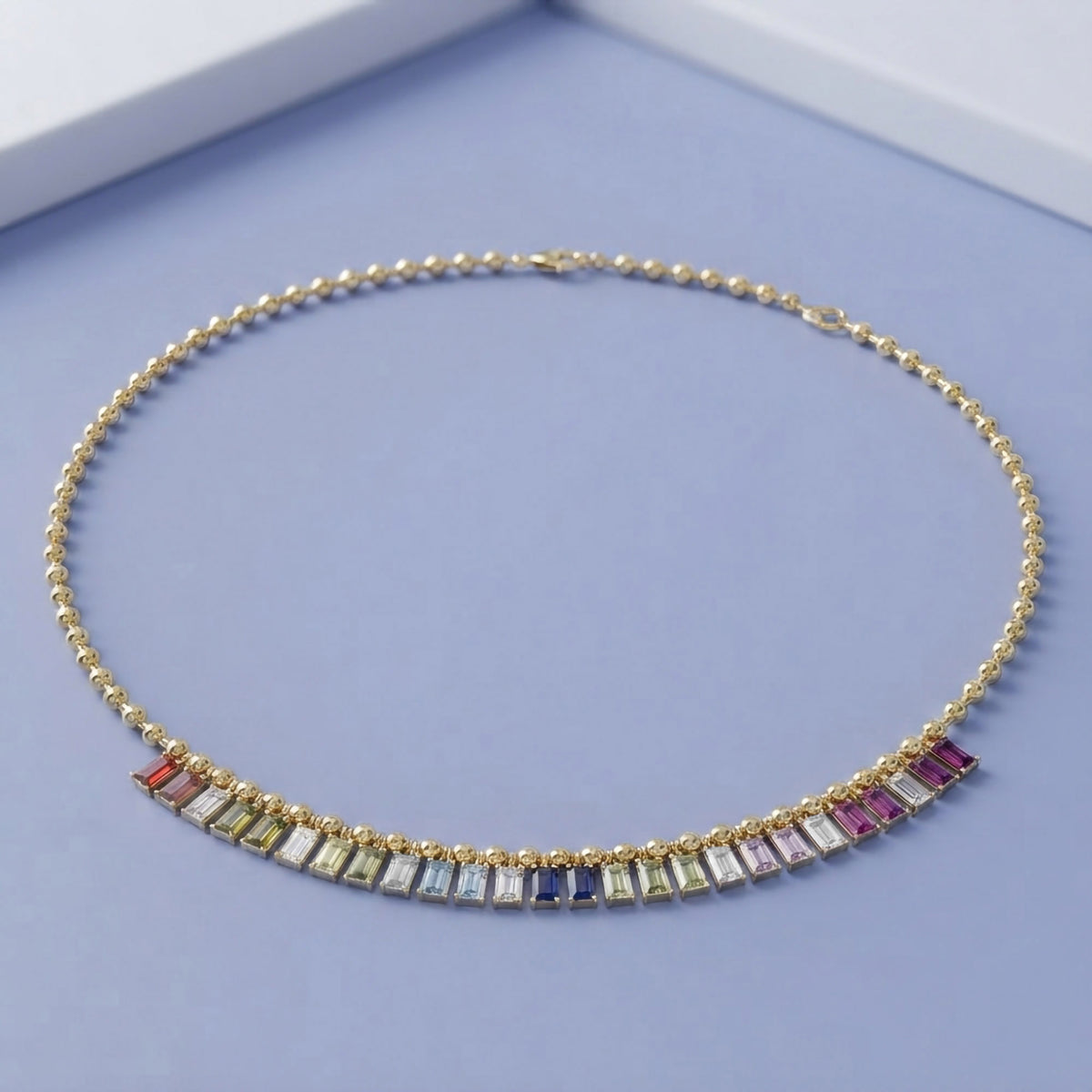 7.90 Carat Multicolor Lab Grown Gemstone and Lab Grown Diamond Rainbow Bead Necklace