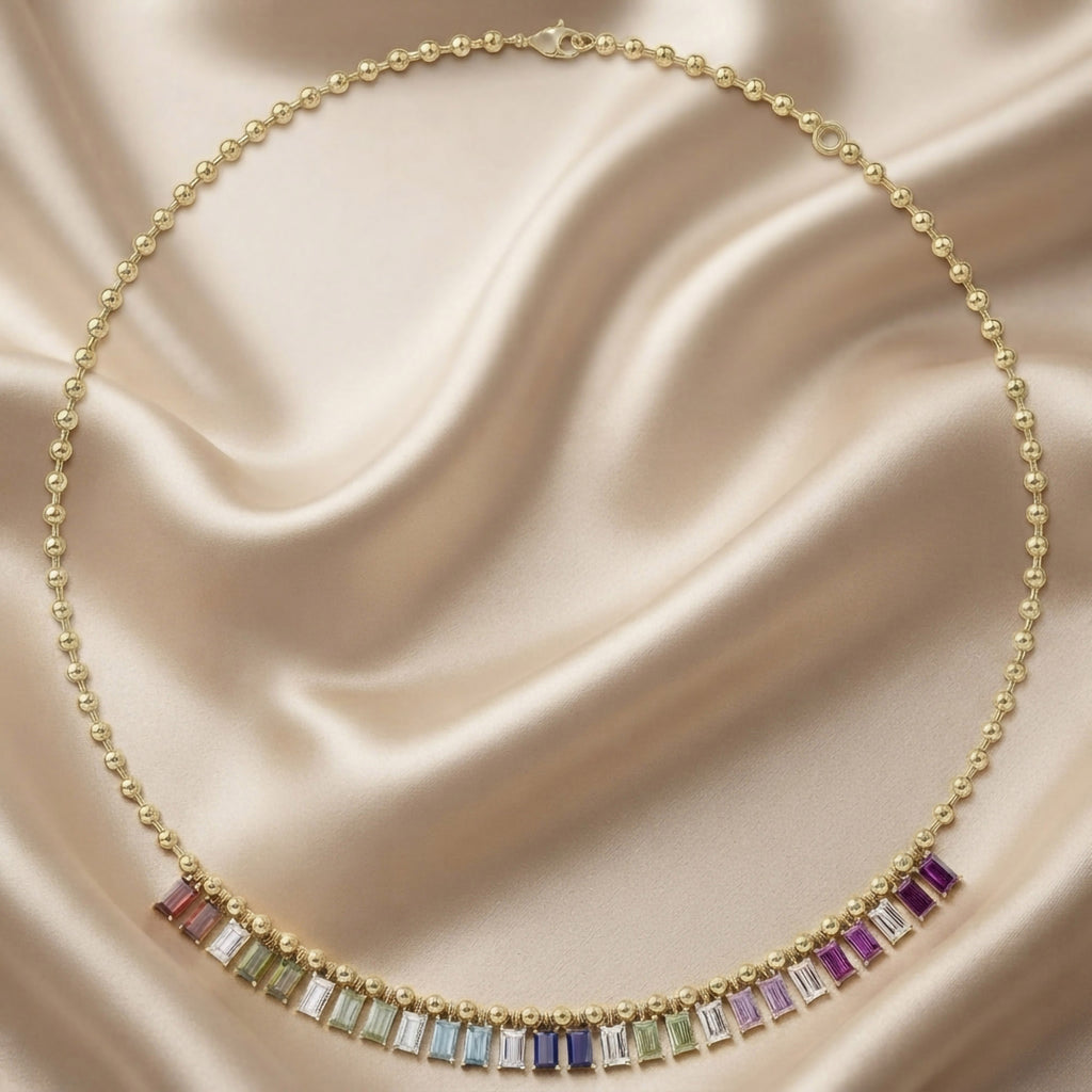 7.90 Carat Multicolor Lab Grown Gemstone and Lab Grown Diamond Rainbow Bead Necklace