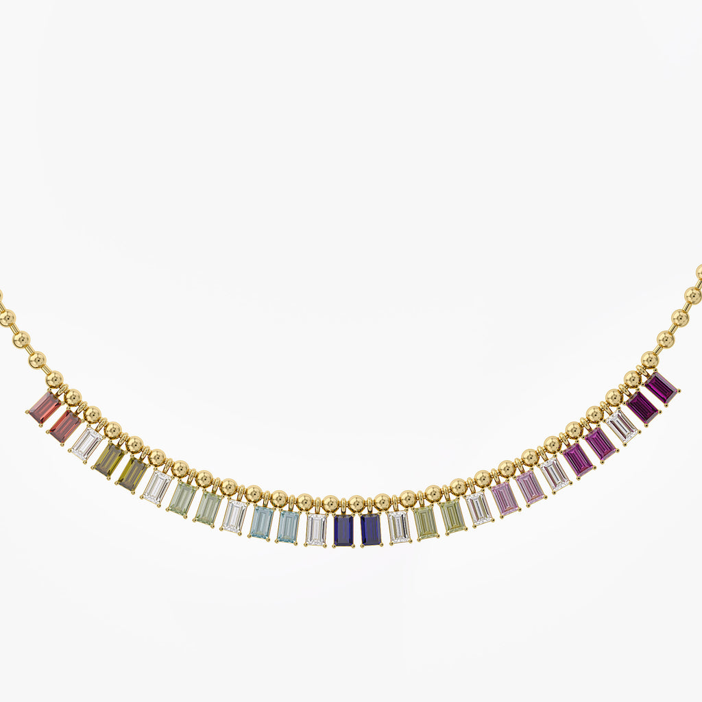 7.90 Carat Multicolor Lab Grown Gemstone and Lab Grown Diamond Rainbow Bead Necklace