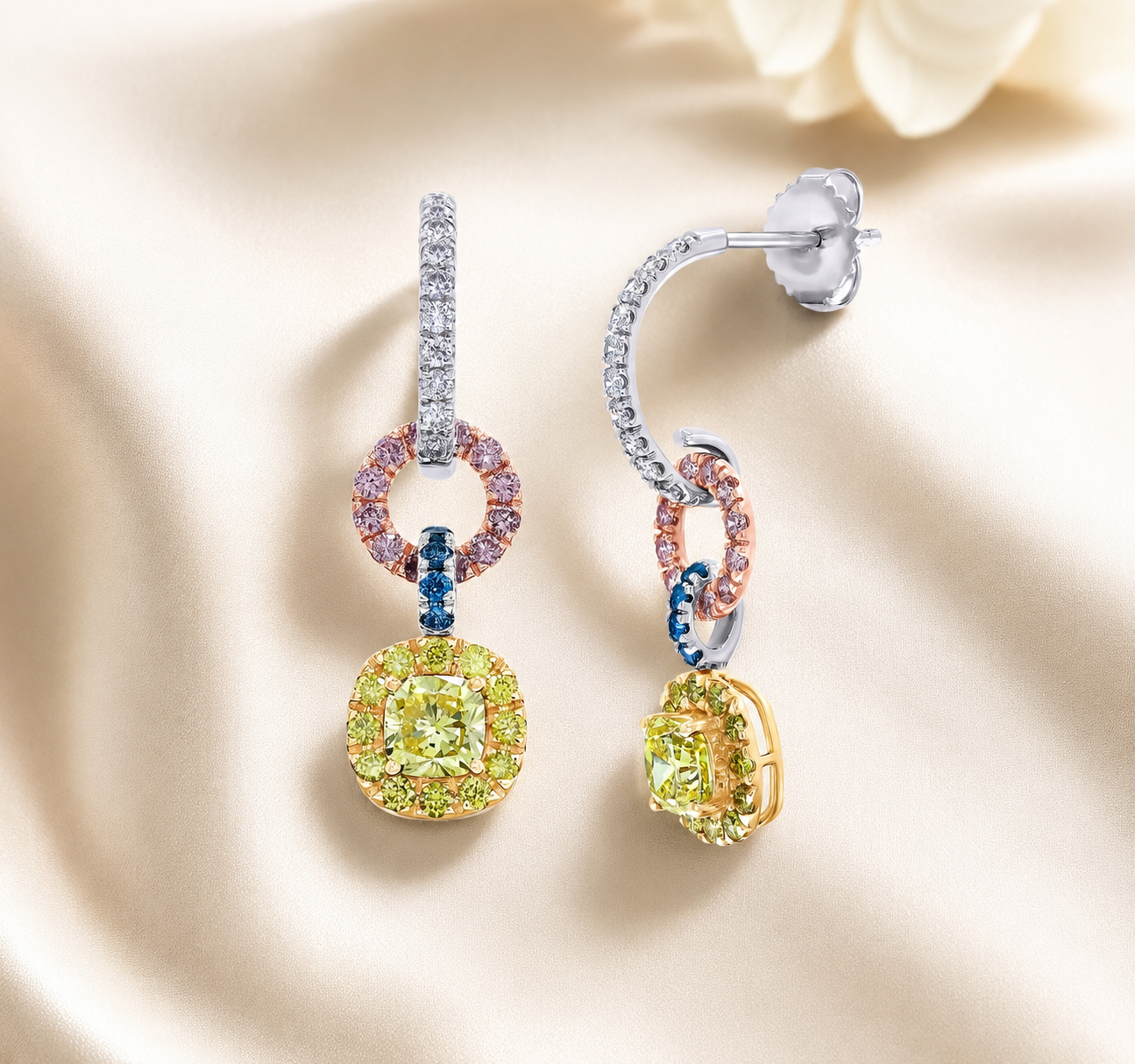 Cushion and Round Shape 3.45 Carat Multi Color Lab grown Diamond Three Tone Stud Earrings