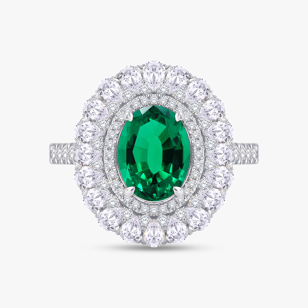 3.25 Carat Lab Grown Gemstone and Lab Diamond Double Halo Cluster Ring