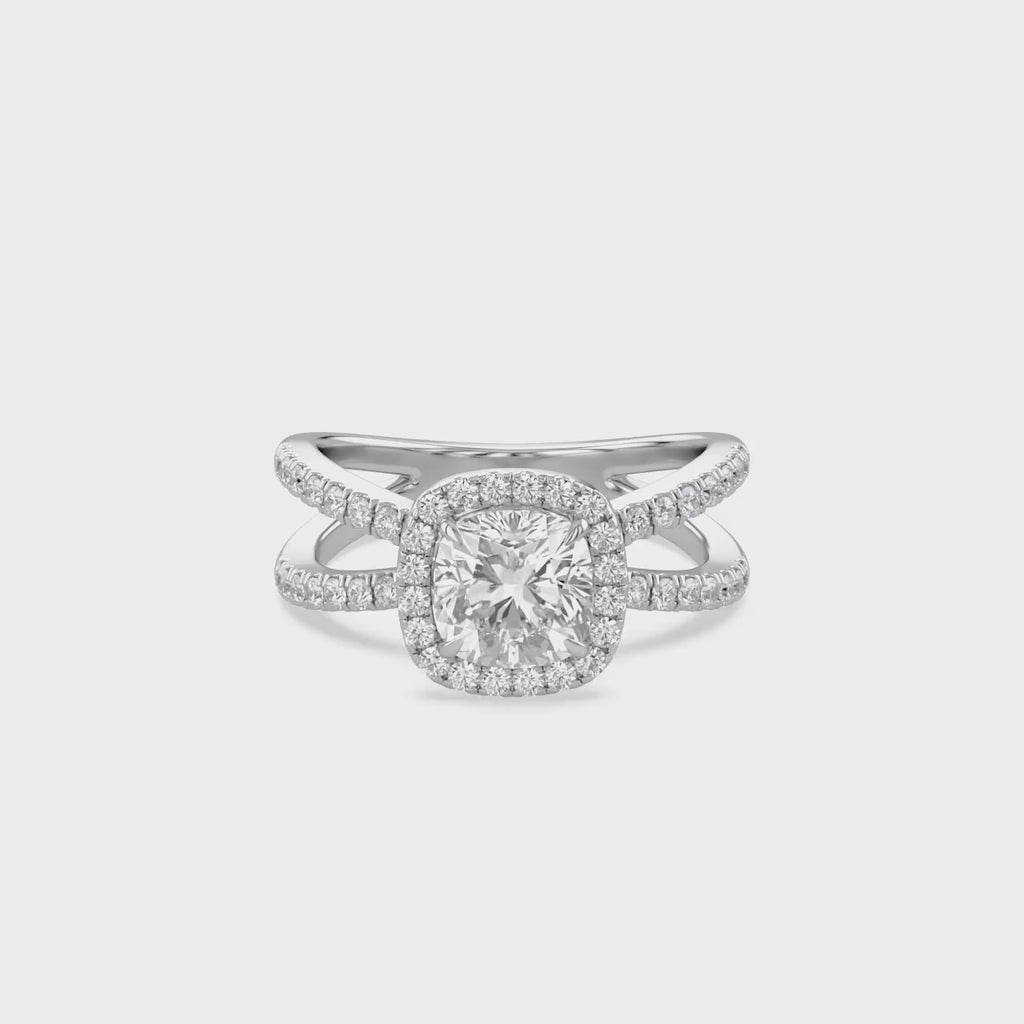 2.25 Carat Kara Cushion Cut Split Shank Halo Lab Grown Diamond Engagement Ring
