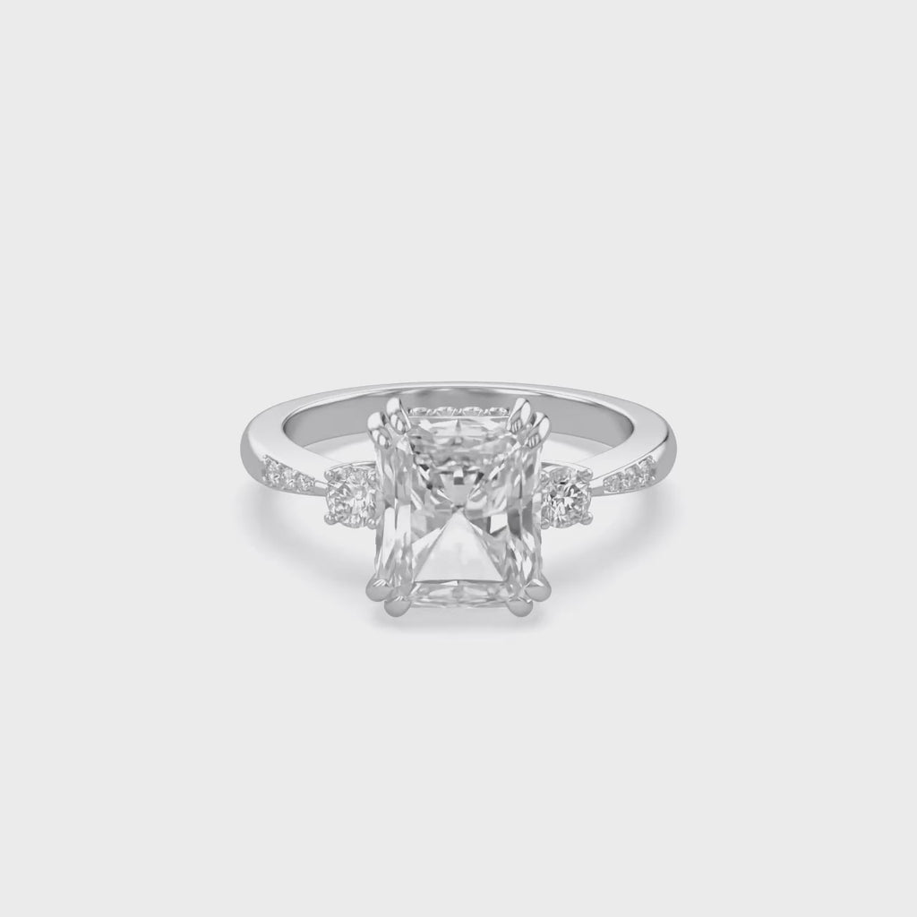 3.95 Carat Elisabeth 3 Stone Hidden Halo Lab Grown Diamond Engagement Ring
